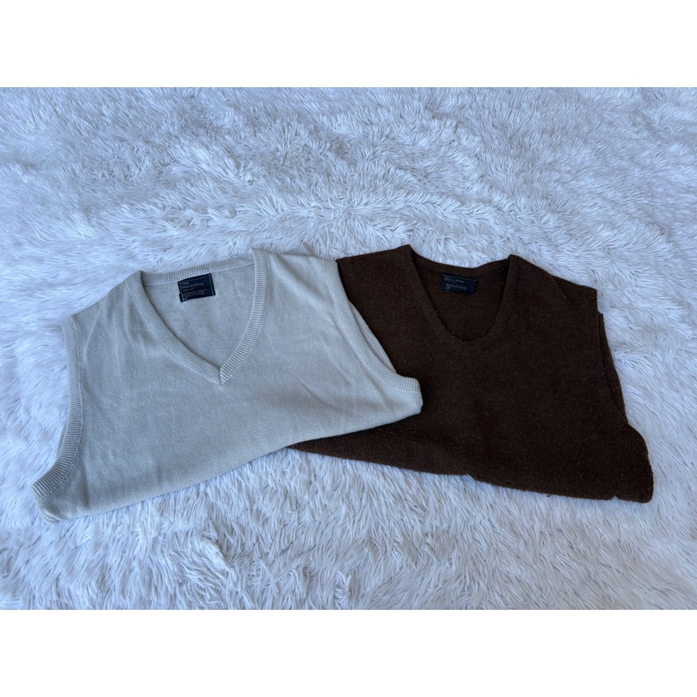 Vintage V-Neck Sweater Vest Lot Tan Brown Mens Medium Grandpa Preppy